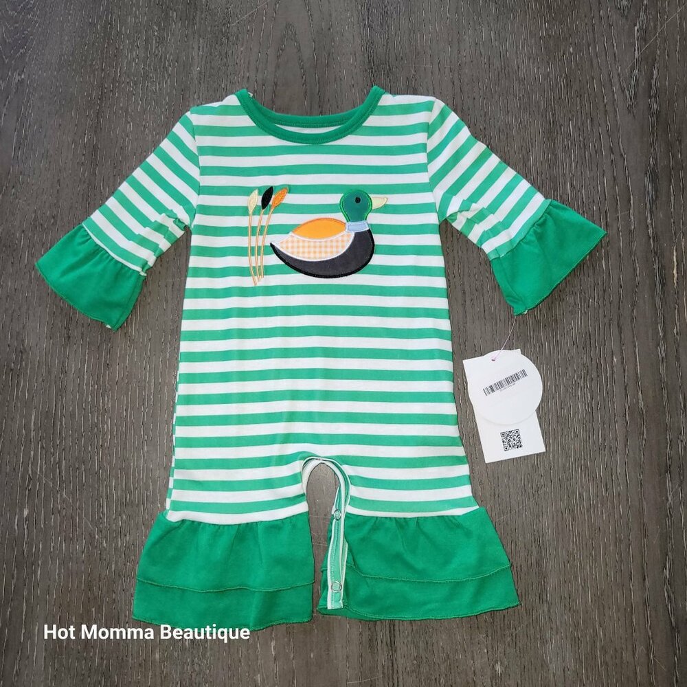 Baby Green & White Stripe Ruffle Long Sleeve Duck Applique Romper 3M